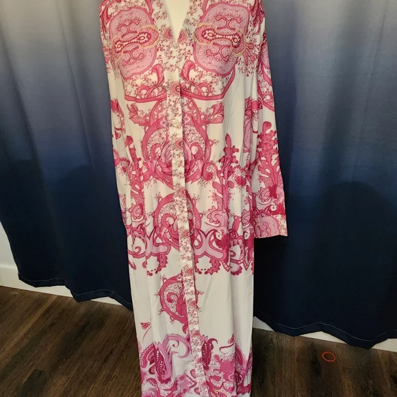 NWOT Ador hot pink and cream paisley button up long sleeved dress - Picture 3 of 6